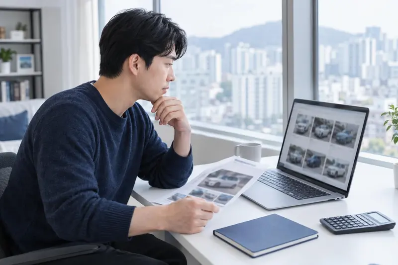 책상에서 중고 전기차 시세와 리스 조건을 비교하는 모습
