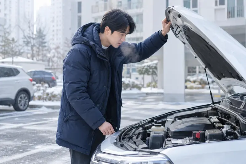 추운 아침 보닛을 열고 배터리를 살펴보는 운전자
