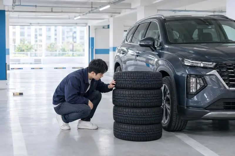 아파트 지하주차장에서 SUV 옆에 쌓아 둔 겨울용 타이어를 살펴보는 모습