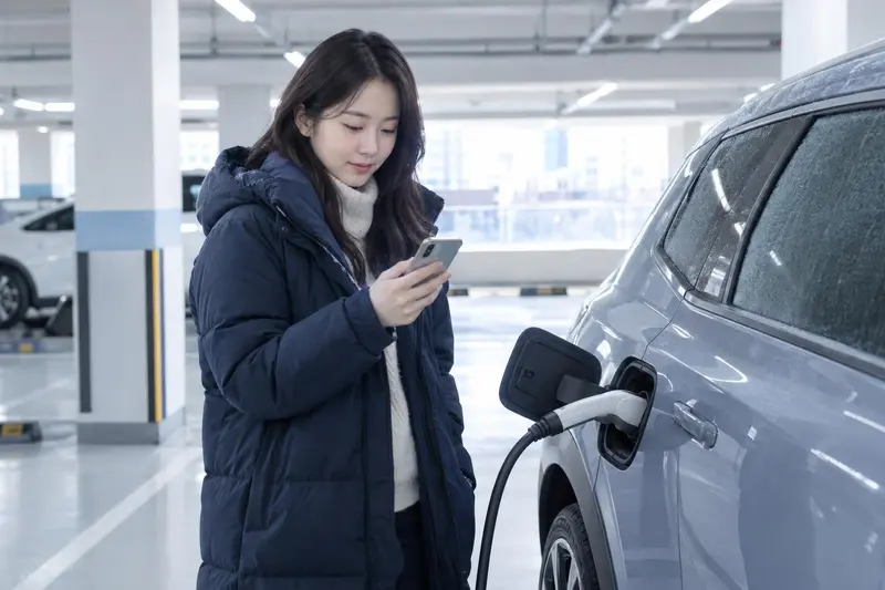 지하주차장에서 충전 중인 전기차 옆에서 스마트폰을 보는 운전자