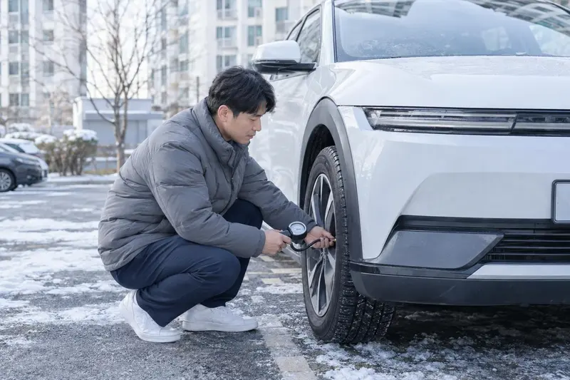 겨울 주차장에서 전기차 타이어 공기압을 측정하는 운전자
