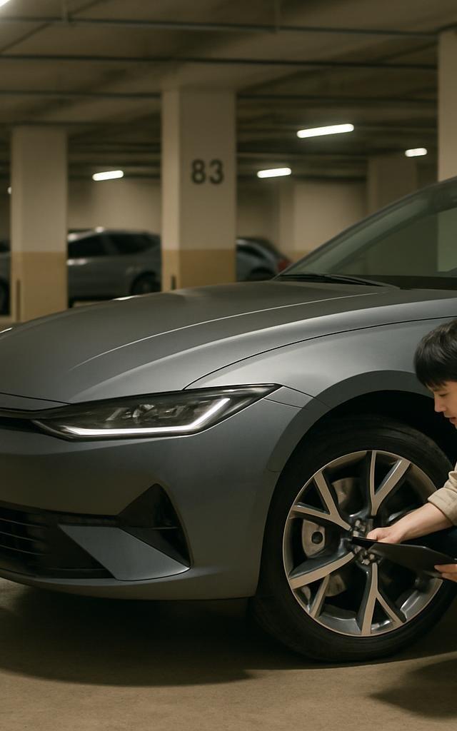 주차된 승용차 휠 사이로 보이는 브레이크 캘리퍼와 디스크