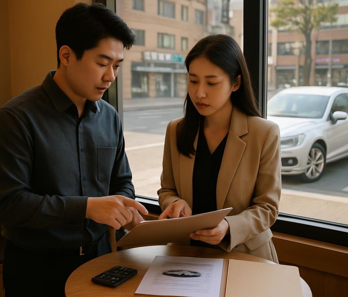 카페 테이블에서 서류와 계산기를 두고 승계 조건을 협의하는 두 사람